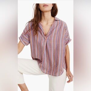 Madewell Multicolor Striped Button-Up Top in Coral, Blue & Pink